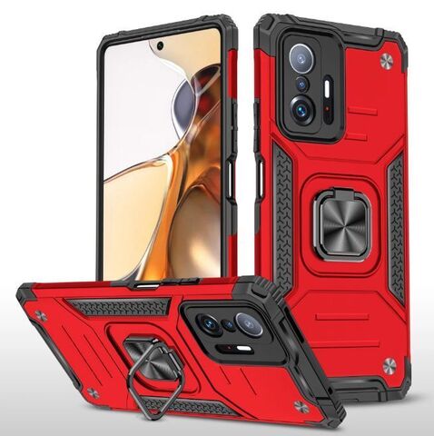 Противоударный чехол для Xiaomi 11T, 11T Pro красный с пластиной для магнитного автодержателя и кольцом подставкой, чехол на Сяоми