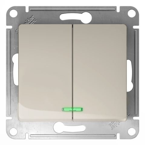 Выключатель двухклавишный с подсветкой, 10АХ. Цвет Молочный. Schneider Electric Glossa. GSL000953