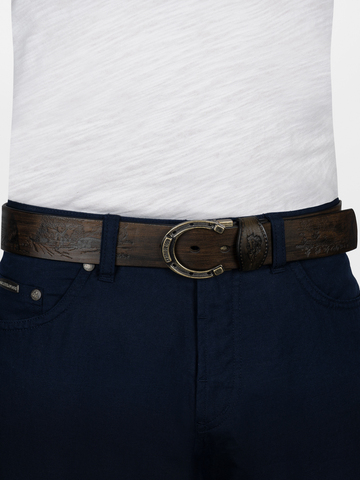 Кожаный ремень «В поле с конём» серо-коричневого цвета