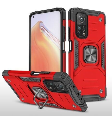 Противоударный чехол для Xiaomi Mi 10T красный с пластиной для магнитного автодержателя и кольцом подставкой / чехол с держателем на палец для Сяоми Ми 10Т
