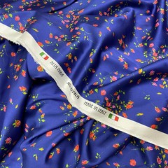 Ткань шелк атласный синий с  маленькими розами 1197