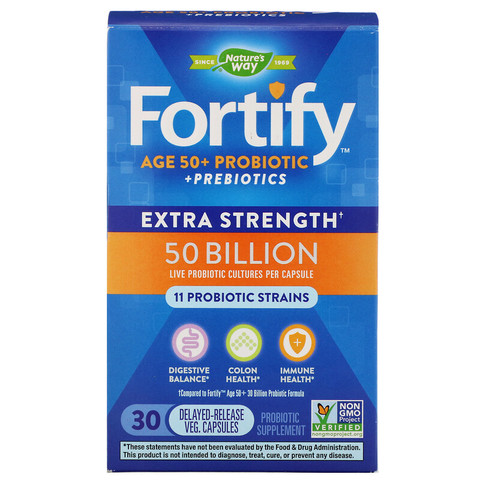 Nature's Way, Fortify, Age 50+ Probiotic + Prebiotics, Extra Strength, 30 Delayed-Release Veg. Capsules