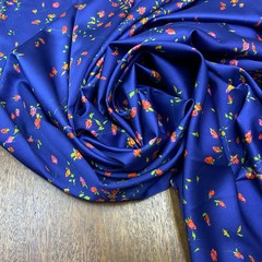 Ткань шелк атласный синий с  маленькими розами 1197