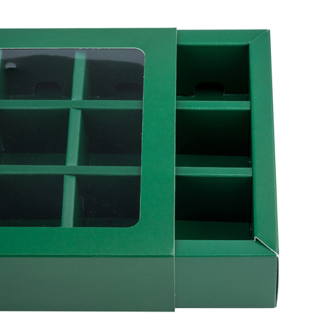 Коробка для 9 конфет с разделителями Зелёная с окном
