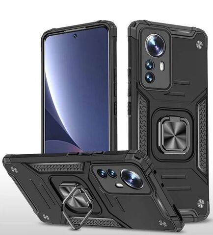 Противоударный чехол для Xiaomi 12 Pro черный с пластиной для магнитного автодержателя и кольцом подставкой, чехол на Сяоми 12 Про