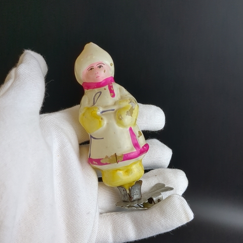 Ёлочная игрушка на прищепке "Мужичок с ноготок", стекло, подвесная, винтаж времен СССР 1950-1980 гг