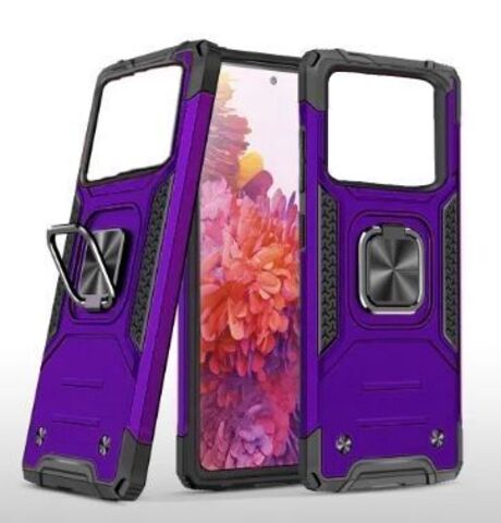Противоударный чехол для Xiaomi Poco M4 5G фиолетовый с пластиной для магнитного автодержателя и кольцом подставкой, чехол на Поко М4