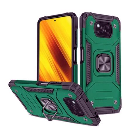 Противоударный чехол для Xiaomi Poco X3 зеленый с пластиной для магнитного автодержателя и кольцом подставкой / чехол с держателем на палец для Сяоми Поко Х3