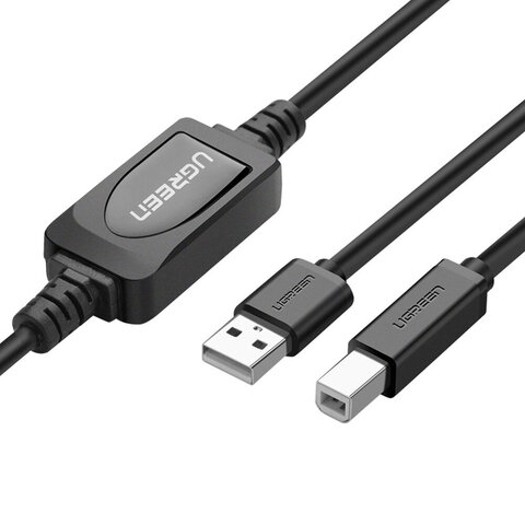 Кабель  UGREEN US122 (10362) USB 2.0 A Male to B Male Active Printer Cable, 15м, черный