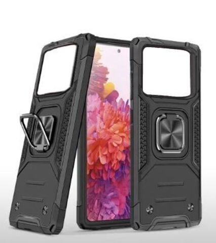 Противоударный чехол для Xiaomi Poco M4 5G черный с пластиной для магнитного автодержателя и кольцом подставкой, чехол на Поко М4