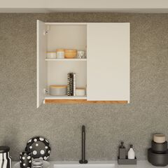 Навесной кухонный шкаф для посуды 80х32х75 Валенсия 2 двери с дубовой панелью / кухонный модуль с полкой / белый, массив дуба