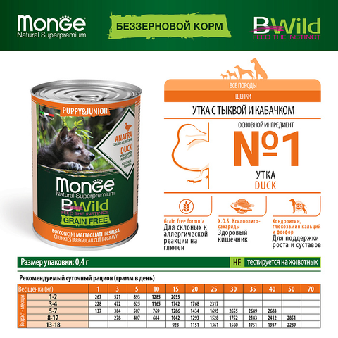 Влажный корм Monge Dog BWild GRAIN FREE Puppy&Junior для щенков и беременных собак, беззерновой, из утки с тыквой и кабачками, консервы 400 г