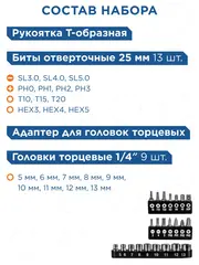 Отвертка рукоятка КОБАЛЬТ Т-образная с набором бит и торцевых головок 1/4