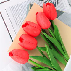 Тюльпаны искусственные для декора, реалистичные, Красные, латексные (силиконовые), 34 см, букет из 5 штук.