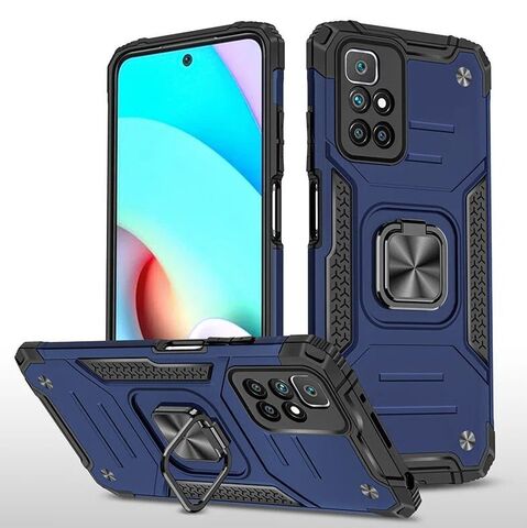 Противоударный чехол для Xiaomi Redmi 10 синий с пластиной для магнитного автодержателя и кольцом подставкой