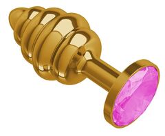 Золотистая пробка с рёбрышками и розовым кристаллом - 7 см. - 