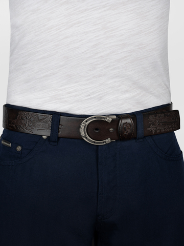 Кожаный ремень «В поле с конём» тёмно-коричневого цвета