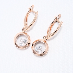 Серьги из золота 585 пробы с круглой подвеской с двигающимися фианитами под стеклом