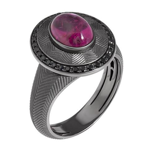 Кольцо с турмалином и чёрными сапфирами, R0084-0/40