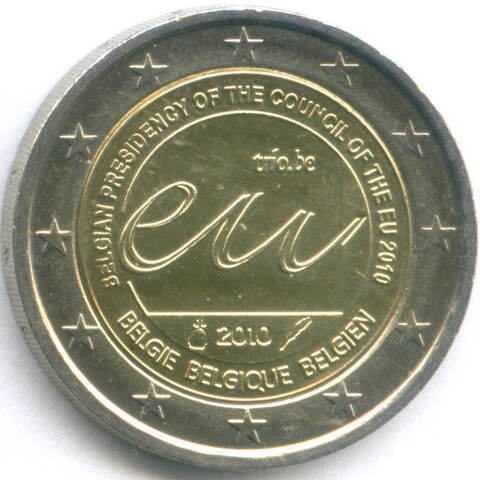 2 евро 2010 год. Бельгия. Председательство Бельгии в Европейском Союзе. Биметалл AU