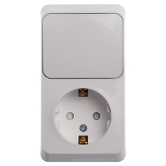 Schneider Electric ЭТЮД Белый Блок: Розетка с заземляющими контактами со шторками + выключатель 1-клавишный открытая установка BPA16-201B