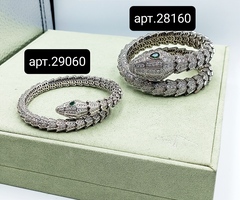28160- Браслет Змея-SERPENTI с зелёными глазами, крупный  двойной VGOLD с цирконами (lux)
