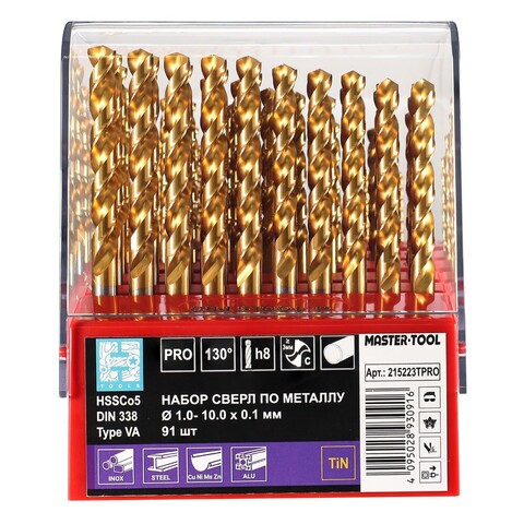 Набор сверл по металлу 1-10мм 91шт DIN338 HSSE-Co5 TiN 130° (пл. кейс) H-Tools PRO 215223TPRO