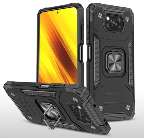 Противоударный чехол для Xiaomi Poco X3 черный с пластиной для магнитного автодержателя и кольцом подставкой / чехол накладка для телефона Сяоми Поко Х3 трансформируется в подставку / чехол с держателем на палец
