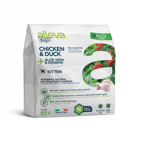 Сухой корм Alleva Holistic с курицей, уткой, алое вера и женьшенем, для котят, 400 гр (Аллева)