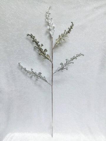 Веточка аканта 79см ChristmasDeLuxe белая с серебряным глиттером и стеклярусом