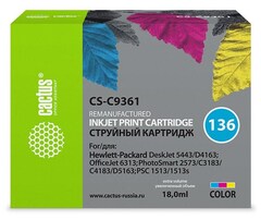 Картридж струйный Cactus CS-C9361 №136 многоцветный (18мл) для HP DJ 5443, D4163, DJ 6313, PS 2573, C3183, C4183, D5163, 1513, 1513s