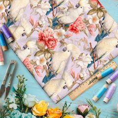 Ткань премиум дюспо белые попугаи в цветах