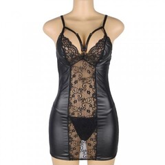 Кожаное платье с кружевом и стрепами Ohyeah Sexy Black +стринги, XS-S