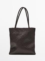 Massimo Dutti Средняя сумка-тоут из плетеной кожи наппа, коричневый