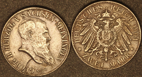 Жетон 2 марки 1901 года 75-летие герцога Саксен-Мейнингена Георга II посеребрение копия Копия