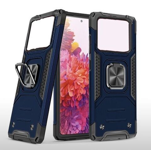 Противоударный чехол для Xiaomi Poco X4 Pro синий с пластиной для магнитного автодержателя и кольцом подставкой