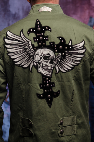 Rebel Spirit | Куртка мужская MJK197 принт на спине стразы череп с крыльями и крест