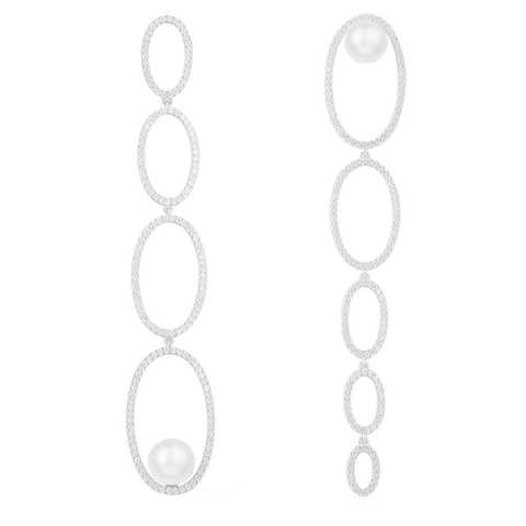 91581- Ассиметричные, длинные серьги из серебра с цирконами и жемчугом в стиле APM MONACO