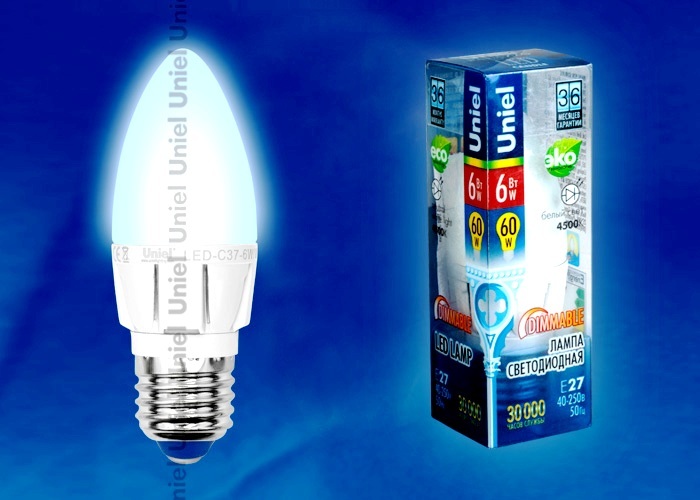 Uniel Лампа LED-C37-6W/NW/E27/FR/DIM Palazzo (свеча белый свет)