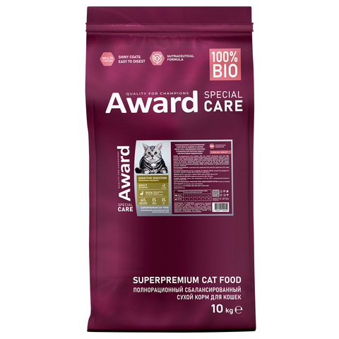 Сухой корм AWARD SPECIAL CARE Sensitive Digestion для взрослых кошек с чувствительным пищеварением со свежим мясом утки 10кг