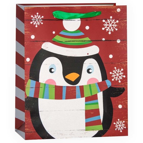Пакет подарочный, Милый пингвин и снежинки, Красный, с блестками, 32*26*12 см