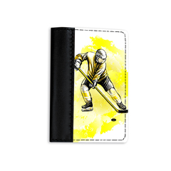 Обложка на паспорт комбинированная "Яркий хоккеист", черная