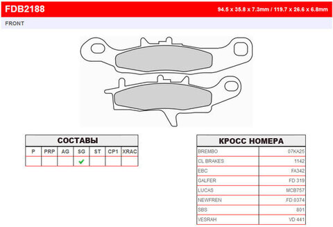 FDB2188SG Тормозные колодки дисковые MOTO, блистер 2 шт