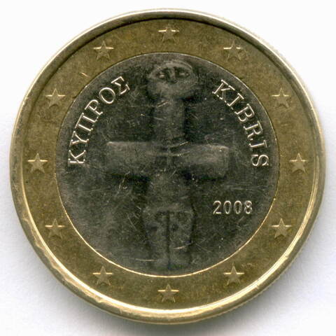 1 евро 2008 год. Кипр. Регулярный выпуск. Биметалл XF