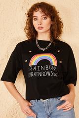 Qadın üçün geniş ölçülü qara  t-shirt Rainbow 10501027