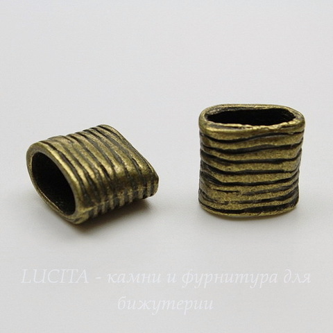 Бусина металлическая (для шнура 11х5 мм) "Полосатая" 14х13х9 мм (цвет - античная бронза)