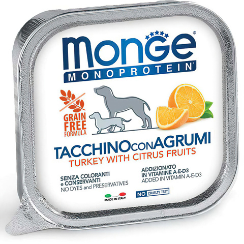 Monge Dog Monoprotein Fruits для собак паштет из индейки с цитрусовыми, банка (150 г)