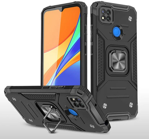 Противоударный чехол для Xiaomi Redmi 9С черный с пластиной для магнитного автодержателя и кольцом подставкой / чехол накладка для телефона Сяоми Редми 9С трансформируется в подставку / чехол с держателем на палец