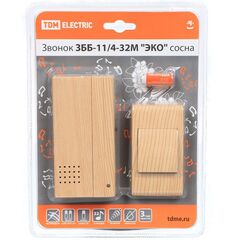 Звонок дверной беспров, на бат, 32мел, кнопка IP30, 2 х 1.5 В, ААА, сосна, TDM, ЗББ-11/4-32М Эко, SQ