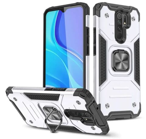 Противоударный чехол для Xiaomi Redmi 9 серебро с пластиной для магнитного автодержателя и кольцом подставкой